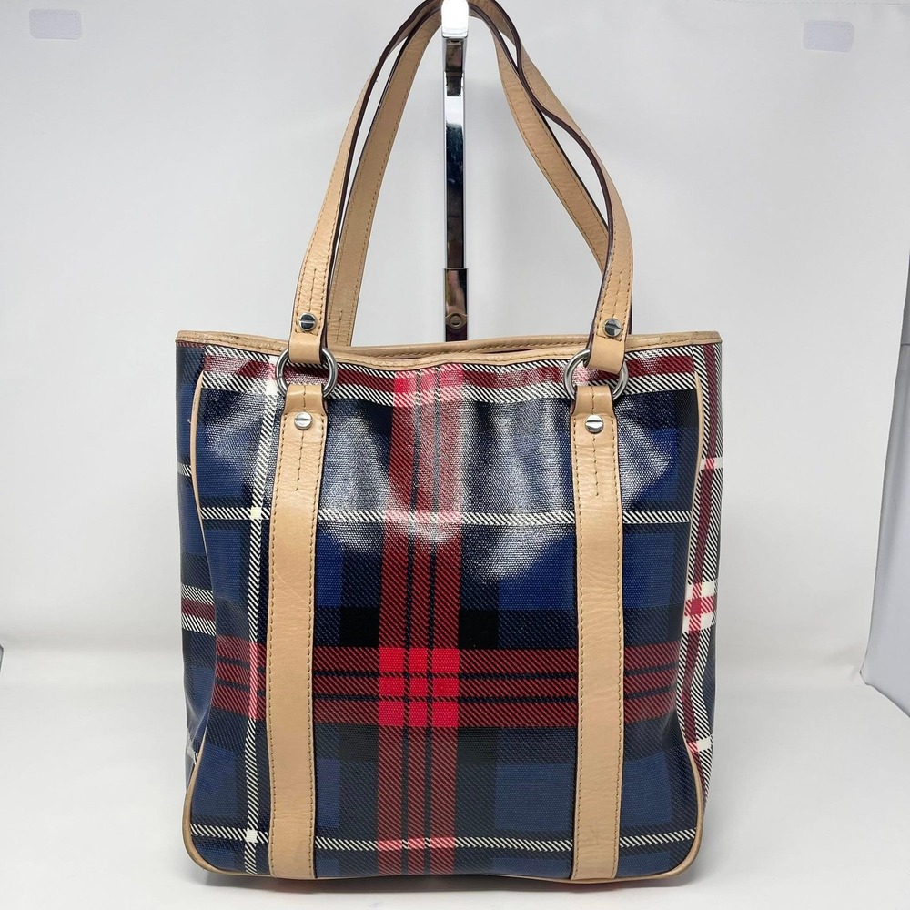 Tommy Hilfiger Tote Blue Red Plaid Coated‎ Canvas Tan Leather Trim Preppy Y2K